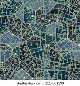 Abstract multicolored pattern in camouflage style. At the heart of this texture is a square divided into three parts. The picture is randomly covered with quadrangular fragments of the grid.