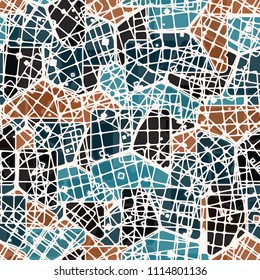 Abstract multicolored pattern in camouflage style. At the heart of this texture is a square divided into three parts. The picture is randomly covered with quadrangular fragments of the grid.