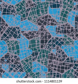 Abstract multicolored pattern in camouflage style. At the heart of this texture is a square divided into three parts. The picture is randomly covered with quadrangular fragments of the grid.