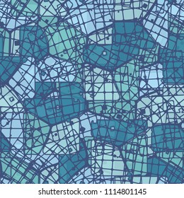 Abstract multicolored pattern in camouflage style. At the heart of this texture is a square divided into three parts. The picture is randomly covered with quadrangular fragments of the grid.