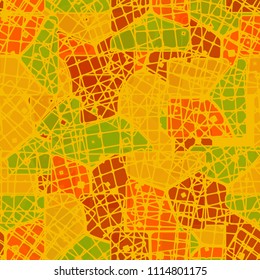 Abstract multicolored pattern in camouflage style. At the heart of this texture is a square divided into three parts. The picture is randomly covered with quadrangular fragments of the grid.