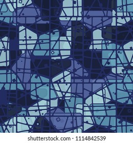 Abstract multicolored pattern in camouflage style. At the heart of this texture is a square divided into three parts. The cell network is divided into many parts.
