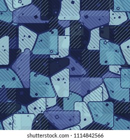 Abstract multicolored pattern in camouflage style. At the heart of this texture is a square divided into three parts. Chess network made by diagonal lines.