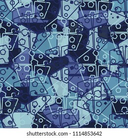 Abstract multicolored pattern in camouflage style. At the heart of this texture is a square divided into three parts. Regular network of pentagons.