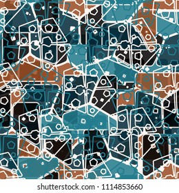 Abstract multicolored pattern in camouflage style. At the heart of this texture is a square divided into three parts. Regular network of pentagons.