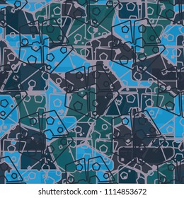 Abstract multicolored pattern in camouflage style. At the heart of this texture is a square divided into three parts. Regular network of pentagons.