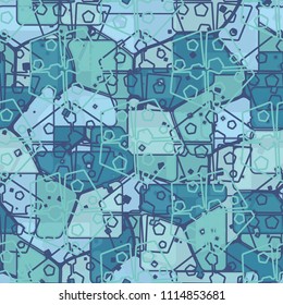 Abstract multicolored pattern in camouflage style. At the heart of this texture is a square divided into three parts. Regular network of pentagons.