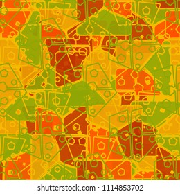 Abstract multicolored pattern in camouflage style. At the heart of this texture is a square divided into three parts. Regular network of pentagons.