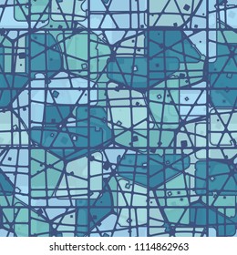 Abstract multicolored pattern in camouflage style. At the heart of this texture is a square divided into three parts. The cell network is divided into many parts.