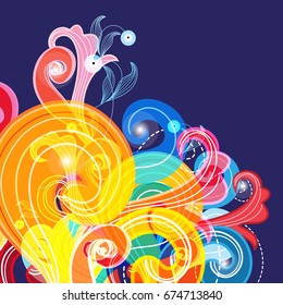 Abstract multicolored pattern from different curls on a blue background