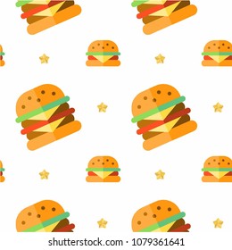 Abstract multicolored pattern with food, hamburger background for fabric, textiles, clothing, wallpaper, wrapping paper, backpack, socks, bedding.