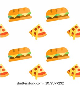 Abstract multicolored pattern with food pizza background for fabric, textiles, clothing, wallpaper, wrapping paper, backpack, socks, bedding.