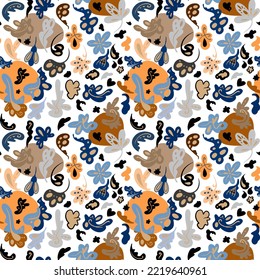 Abstract multicolored pattern. Hand drawn fantasy shapes, spots, flowers, swirls. Seamless vector image.