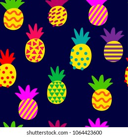 
Abstract multicolored pattern with pineapple on a dark background. Red pineapples for fabrics, textiles, clothes, wallpaper, wrapping paper, backpack, socks, bedding.