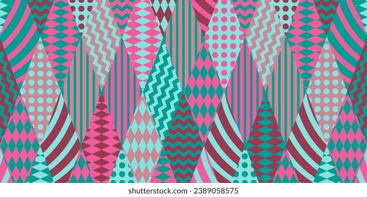 Abstract multicolored pink-blue-red pattern with decorated rhombuses. Bright colorful vector illustration for cards, business, banners, textile, clothing	