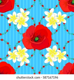 Abstract multicolored poppies seamless pattern on blue background.