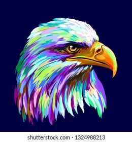 Abstract, multi-colored portrait of a eagle on a dark blue background.