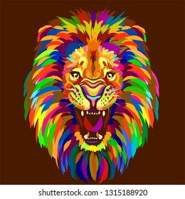 
Abstract multicolored portrait of a growling lion on a brown background