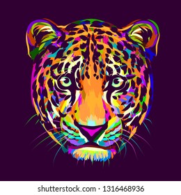 Abstract, multi-colored portrait of a Jaguar looking forward on a purple background.