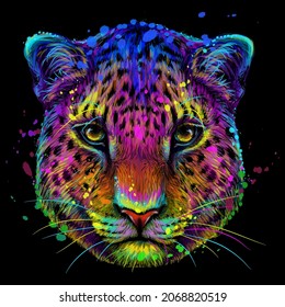 Abstract, multi-colored portrait of a Jaguar looking forward on a black background in watercolor style. Digital vector graphics.