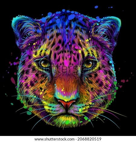 Abstract, multi-colored portrait of a Jaguar looking forward on a black background in watercolor style. Digital vector graphics.