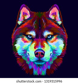 
Abstract multi-colored portrait of Siberian Husky with blue eyes on a dark blue background in pop art style