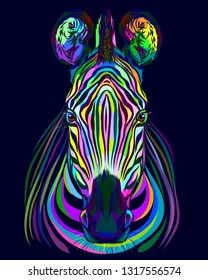 Abstract multicolored portrait of zebra head on blue background