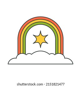 Resumen arco iris multicolor con estrella de brillo y nube mítica de arte pop groovy estilo diseño contorneado ilustración de dibujos animados vectores. Comic esotérico espiritual lluvioso clima brillante decoración de verano