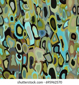 Abstract multicolored seamless pattern out of random geometric shapes. Olive, blue, green colors.