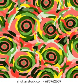 Abstract multicolored seamless pattern out of circular geometric shapes. Bright green, coral, yellow colors.