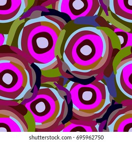 Abstract multicolored seamless pattern out of circular geometric shapes. Bright psychedelic colors.