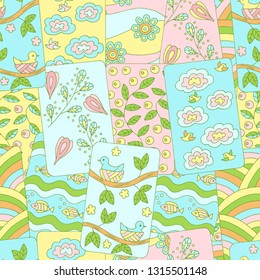 Abstract multi-colored seamless pattern of spring pictures with birds, clouds, branches, flowers, leaves