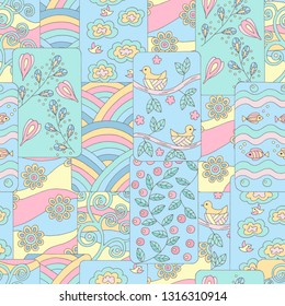 Abstract multi-colored seamless pattern of spring pictures with birds, clouds, branches, flowers, leaves