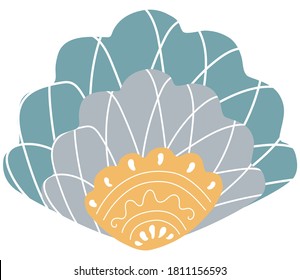 Abstract multicolored seashell in Scandinavian style with ornament on a white background. Isolated marine and oceanic decorative design element and logo. Vector.