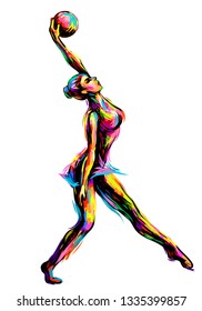 
Abstract multi-colored sketch of a young girl with a ball engaged in sports art gymnastics.