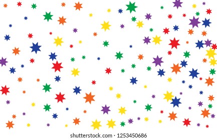 Abstract multicolored stylish background of falling stars on white paper. Pattern for Christmas and New Year card, invitation for dinner, paper packaging. Vector illustration, EPS 10.