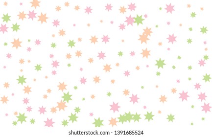 Abstract multicolored stylish background of falling stars on white paper. Pattern for Christmas and New Year card, invitation for dinner, paper packaging. Vector illustration, EPS 10.