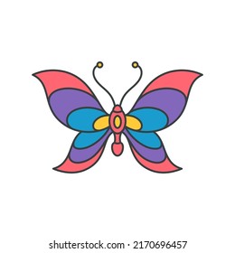 Abstract multicolored summer rainbow striped butterfly with open wings and antennae pop art groovy style decorative sticker vector cartoon illustration. Bright pretty spring psychedelic bug insect