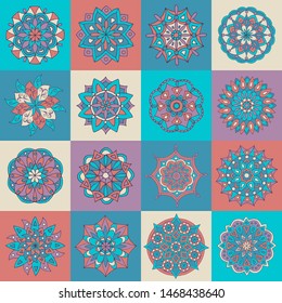 Abstract multi-colored tile pattern with hand-drawn mandalas, for decoration and design