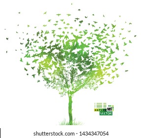 Abstract multicolored tree with a flock of flying birds. Vector illustration
