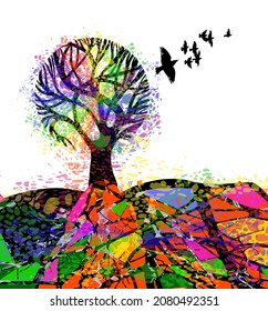 árbol abstracto multicolor con aves voladoras. Ilustración del vector