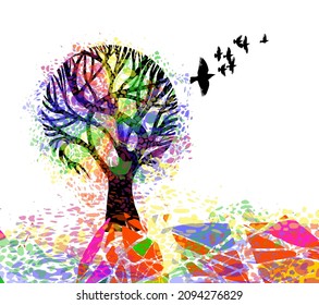 abstract multi-colored tree with flying birds. Vector illustration