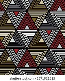 Abstract multicolored triangle composition on a black background in a contemporary ethnic style. Seamless repeating pattern. Geometric vector illustration. 