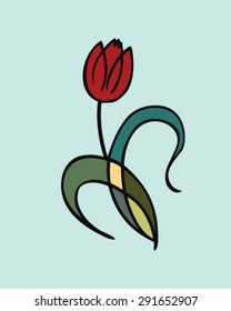 abstract multicolored tulip with black stroke on blue background. vector