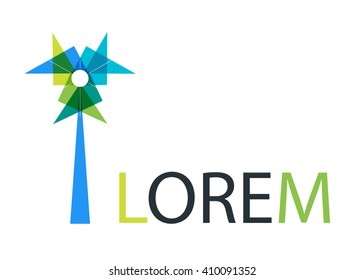 Abstract multicolored turbine tower, windmill, pinwheel and pennant triangle symbol. Geometric Vector logo design. 