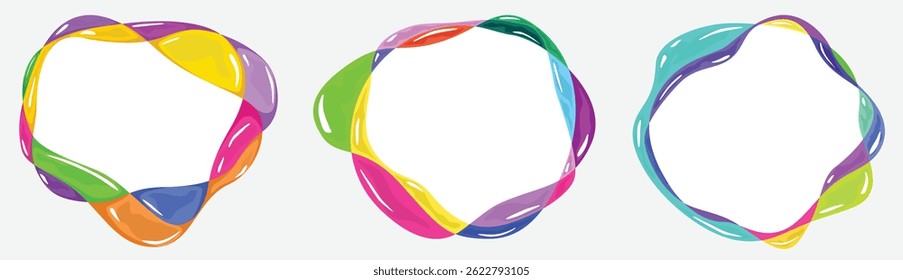 Abstract multicolored twisted inflated bubbles form a circular frame border. Amorphous ring banner design. Futuristic colorful liquid element. Vector rainbow background