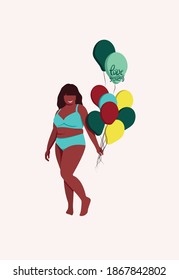 
abstract multicolored vector poster, full length woman with balls, body positive
