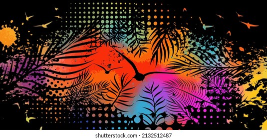 Abstract multicolored watercolor imitation splashes background with tropical palm leaves. Trendy summer vacation background.