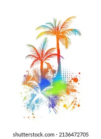 Abstract multicolored watercolor imitation splashes background with tropical palm. Trendy summer vacation background.