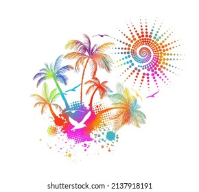 Abstract multicolored watercolor imitation splashes background with tropical palm. Trendy summer vacation background.